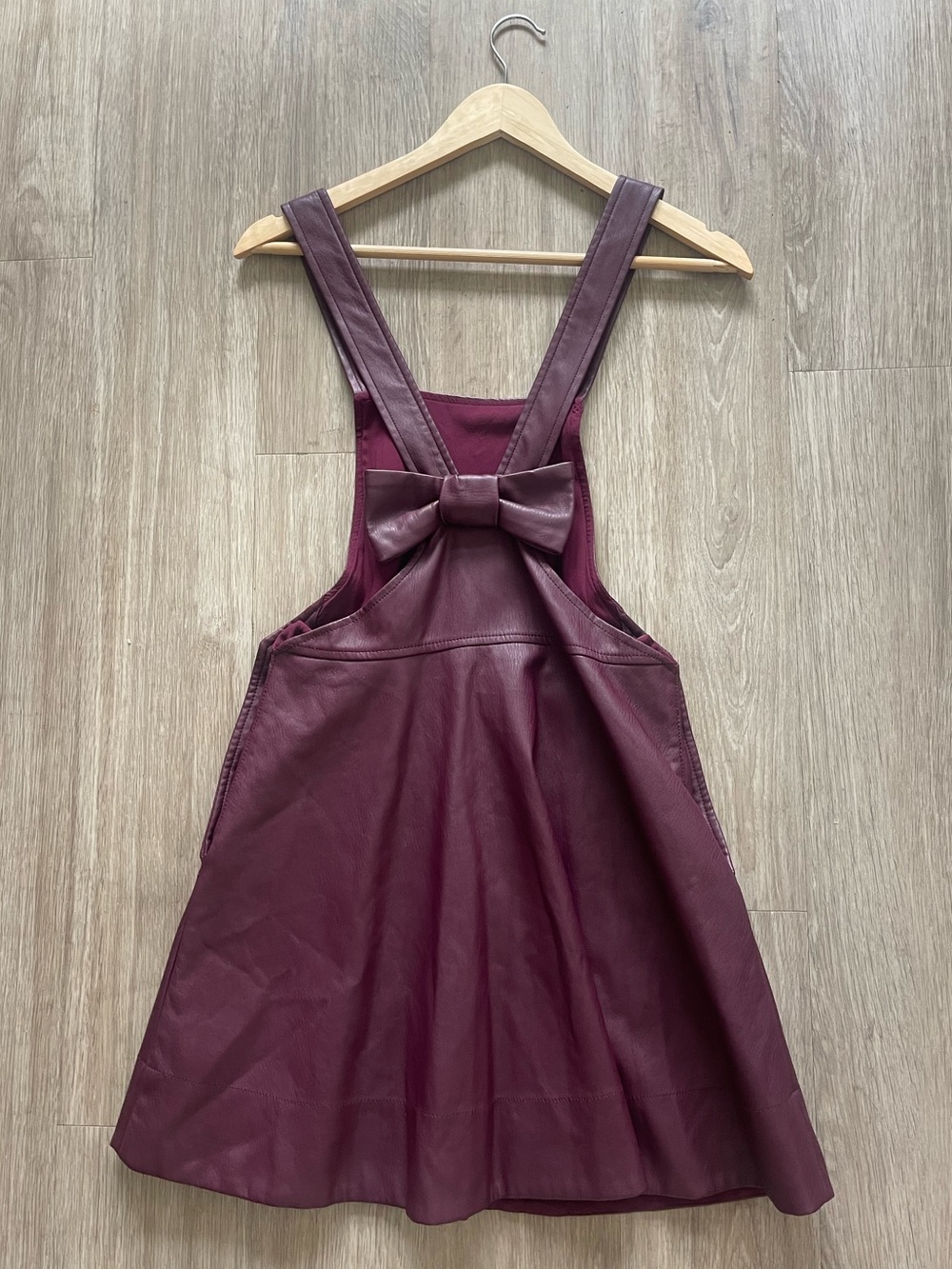 Maeve Anthropologie Burgundy Faux Leather Pinafore Dress Bow Back Jumper Medium